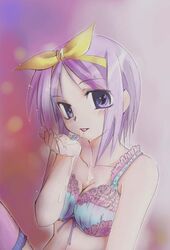 bra cum female female_only human jason_(kaiten_kussaku_kikou) jiei_son lingerie lucky_star purple_hair ribbon ribbons short_hair solo tsukasa_hiiragi underwear