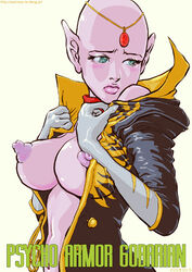 1girls alien_female bald bald_female blush breasts embarrassed female female_alien female_only gloves green_eyes lowres melia nipples open_clothes open_shirt oprince pink_skin pointy_ears psycho_armor_govarian puffy_nipples shirt solo_female