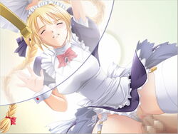 against_glass akehime_saki blonde_hair braid censored closed_eyes clothing doggy_style from_below game_cg glass glass_table green_eyes hand_on_glass kyouhaku_2 long_hair maid panties panties_aside pubic_hair ribahara_aki sex table thighhighs tied_hair twin_braids twintails underwear vaginal_penetration white_legwear white_panties white_thighhighs