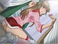 blush bottomless brown_hair censored double_handjob dutch_angle female gangbang green_eyes group_sex handjob jpeg_artifacts kneeling long_hair multiple_penises penis pussy skirt skirt_lift sweat thighhighs uniform yakitate!!_japan zettai_ryouiki