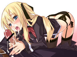 black_panties blonde_hair cum cum_string ejaculation facial fellatio garter_belt handjob long_hair oral panties penis quiz_magic_academy ribbon ribbons shalon side-tie_panties thighhighs two-handed_handjob underwear ushiki_yoshitaka wet