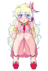 +_+ anklet armlet blush bracelet brooch censored dress female flat_chest flower hair_flower hair_ornament hanazuka_ryouji innie_pussy jewelry long_hair multicolored_hair necktie nia_teppelin no_panties nyanya open_mouth pink_dress pointy_chin pussy sleeveless solo squat squatting tengen_toppa_gurren-lagann tengen_toppa_gurren_lagann very_long_hair white_background white_hair