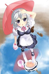 female kotatsu_(artist) maid no_panties nude puddle pussy rain reflection ribbon ribbons sakuya_izayoi short_hair silver_hair solo thighhighs tied_hair touhou twintails umbrella uncensored water