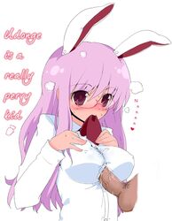 animal_ears blush breasts bunny_ear cum cum_stain cum_under_clothes cumming eyewear female glasses hard_translated itou_life long_hair male mouth_hold paizuri paizuri_under_clothes penis penis_under_clothes purple_hair reisen_udongein_inaba straight touhou translated