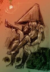 blush boots breasts choker cleavage eyes_closed female hana_ga holding holding_leg larger_male lightbulb male maria_(silent_hill) monochrome pyramid_head rape silent_hill silent_hill_2 sitting_on_lap straight sweat