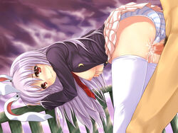 1girls animal_ear ass blazer breasts bunny_ear censored cum cum_inside cum_on_body cum_on_lower_body female forced_in_fabric fur long_hair open_clothes panties penetration_through_clothes reisen_udongein_inaba sex solo striped_panties thigh_sex thighhighs thighs touhou uni8 vaginal_penetration