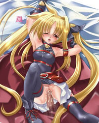 blonde_hair blush censored condom cum fate_testarossa female human long_hair lyrical_nanoha mahou_shoujo_lyrical_nanoha mahou_shoujo_lyrical_nanoha_a's male mio_(fastest_lap) pointless_condom ribbon saliva sex skirt straight tears thighhighs tied_hair twintails vaginal_penetration wet wink