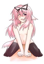 animal_ear black_legwear blush bow copyright_request cowgirl_position hair_ribbon hairbow ribbon sakuragi_rian sex solo straddle tail tears thighhighs wince