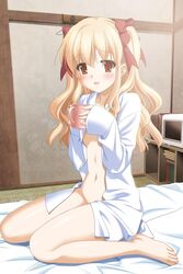 aki_no_urara_no_akane-iro_shoutengai barefoot blonde_hair blush bottomless bow clothing cup feet game_cg hair_ribbon happy highres long_hair mug naked_shirt no_bra odajima_mayu open_clothes open_mouth open_shirt peko pointy_chin red_eyes ribbon shirt smile tied_hair twintails two_side_up