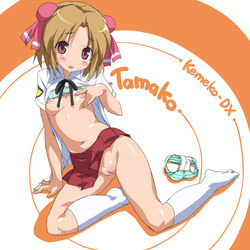 blonde_hair blush bottomless bra bra_lift breast_grab breasts flat_chest footwear hair_ribbon highres inverted_nipples kemeko_deluxe kneehighs kneeling kobayashi_tamako koku lingerie navel nipples no_panties nude open_mouth panties pointy_chin puffy_nipples purple_eyes pussy ribbon school_uniform shirt_lift short_hair skirt socks stain stained_panties striped striped_panties sweat uncensored underwear undressing