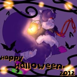 2012 ass bats black_eyes blush bone canine claws countershading ear_up female fox glowing glowing_eyes green_pawpads halloween hindpaw huge_tail hybrid ingi labia lantern lights lying open_hand paw_pad paws plain_background purple_background purple_fur purple_nails pussy raised_tail red_eyes signature skeleton sole solo text two_tone_fur vines wings wolf