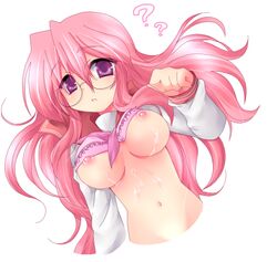 bra bra_lift breasts cum female female_only glasses human kiri_futoshi lingerie long_hair lowres lucky_star miyuki_takara nipples pink_hair purple_eyes school_uniform serafuku shirt_lift solo underwear