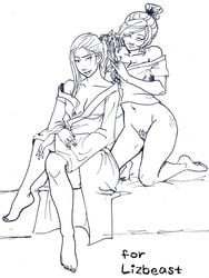 2girls artist_name avatar_legends avatar_the_last_airbender azula clothing female female_only fire_nation human lizbeast medium_breasts monochrome multiple_females pubic_hair small_breasts smooth_skin ty_lee yuri