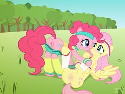 2girls animal_ears anus blue_eyes blush clothes_pull clothing curly_hair cutie_mark equine exposed_pussy eyelashes feathered_wings female female_only femdom femsub fluttershy_(mlp) friendship_is_magic grass happy hooves horse kiss kissing leg_warmers legs_up long_hair looking_at_another lying mammal multiple_girls my_little_pony nature on_back on_grass outside pegasus pink_body pink_hair pinkie_pie_(mlp) pony smile straight_hair sweat sweatband syoee_b tagme thighs tongue trees wings workout_clothes wristband wristwear yellow_body yuri