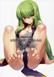 areola areolae barefoot blush breasts brown_eyes c.c. code_geass cover cover_page feet green_hair high_resolution long_hair open_clothes open_shirt ozawa_akifumi shirt sitting soles sweat toes tongue uneven_eyes