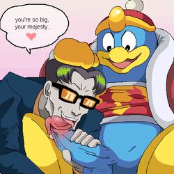 1:1 clothes color customer_service_(kirby) dialog english_text erection gay interspecies king_dedede kirby_(series) male male_only multiple_males penis speech_bubble tagme text yaoi