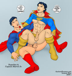 2008 2boys abs anal_penetration anal_sex blue_eyes boots bottomless cape captain_marvel_jr. character_name closed_eyes conner_kent cum_in_ass dc english_text erect_nipples erection exposed_nipples freddy_freeman gay icemanblue licking_own_lips male male_only multiple_boys multiple_males multiple_penises orgasm_face pants_removed pecs penis_size_difference pleasure_face puberty pubic_hair shazam shirt_up sitting_on_penis spread_legs superboy text tongue_out yaoi