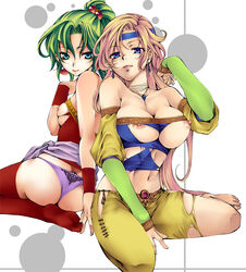 ass back-to-back back_to_back blue_eyes breasts celes_chere female female_only final_fantasy final_fantasy_vi green_hair hochikisu human kneeling large_breasts long_hair multiple_females multiple_girls nipples panties pink_hair purple_panties terra_branford thighhighs thong torn_clothes underwear