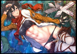 abs attack_on_titan black_eyes black_hair black_panties blush boots breasts broken broken_sword broken_weapon cable emblem erect_nipples female female_only fingerless_gloves gloves hand_on_head hourglass_figure jacket knee_boots lingerie looking_at_viewer lying medium_breasts mikasa_ackerman muscle muscular_female navel nipples on_back open_mouth panties pants panty_pull partially_submerged scarf short_hair solo suspenders sword thigh_strap underwear uniform water weapon wet zucchini