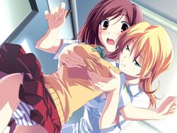 2girls breast_grab brown_eyes brown_hair female green_eyes grope ichinose_kyou imitation_lover izumi_mahiru multiple_girls orange_hair panties shimapan skirt sonomura_madoka striped striped_panties yuri