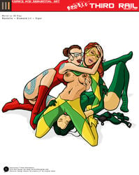 3girls crossover cunnilingus cunnilingus_through_clothes dc dc_comics diamond_lil exposed_breasts female female_focus female_only madame_hydra marvel marvel_comics multiple_girls nipple_piercing roulette_(dc) straight_hair trdl yuri