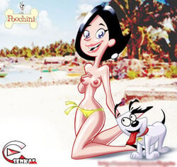 1girls areolae bikini bikini_bottom black_hair blue_eyes breasts canine collar copyright_name dog earrings esenkas eyeliner female female_only feral footwear hand_on_breast high_heels human kneeling lipstick looking_at_another looking_at_viewer mammal medium_breasts milf nipples open_smile outdoors pink_lipstick poochini poochini's_yard short_hair smile solo tagme tongue tongue_out topless wendy_white yellow_bikini