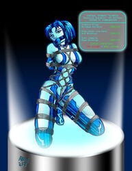 2d arnie00 artificial_intelligence ball_gag bondage cortana cortana_v2 english_text female female_focus female_only gag gagged halo_(game) halo_(series) high_tech microsoft nonude text