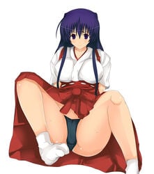 akabane_kureha arao black_panties breasts hakama japanese_clothes kureha_akebane large_breasts legs miko night_wizard panties spread_legs tabi thighs underwear