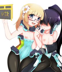 adele_balfetto black_legwear blonde_hair blue_eyes bodysuit flat_chest flower futanari glasses hair_over_eyes intersex kyoukaisenjou_no_horizon mukai_suzu multiple_girls nipples ponytail purple_hair signframe taosym tied_hair trap