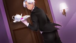 ass butler chris_(fap_ceo_menstream) clothed fap_ceo_menstream gay gloves smile tea white_hair