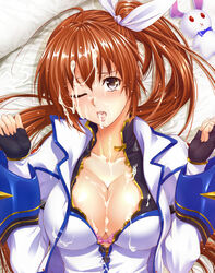 blush bra breasts brown_hair cleavage cum cum_on_body cum_on_breasts cum_on_clothes cum_on_hair cum_on_upper_body facial female fingerless_gloves gloves highres large_breasts long_hair lying lyrical_nanoha magical_girl mahou_senki_lyrical_nanoha_force on_back on_bed pink_bra purple_eyes sacred_heart side_ponytail solo stuffed_animal stuffed_bunny stuffed_toy takamachi_nanoha tongue underwear wink zucchini