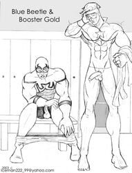 2boys blue_beetle booster_gold bottomless dc erection eyewear gay gloves half-erect icemanblue justice_league_international locker_room looking_at_penis male male_only michael_carter pants_down penis_size_difference precum_drip pubes pubic_hair ted_kord undressing yaoi