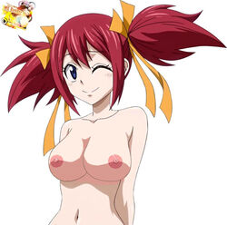breasts busty chelia_blendy fairy_tail female naked nipples nude one_eye_closed red_hair solo tagme twintails white_background wink