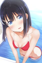 apollo_(hu_maple) bikini black_hair blue_eyes breasts collarbone female highres looking_at_viewer original poolside red_bikini swimsuit water wet