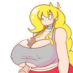 1boy big_breasts blonde_hair borrowed_character braid breasts cassie_(theycallhimcake) cum disembodied_penis female huge_breasts huge_cock large_penis paizuri paizuri_under_clothes sex_with_bra_on