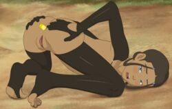 1girls anal anal_insertion anus_juice avatar_the_last_airbender blue_eyes blush brown_hair dark-skinned_female dark_skin dildo dildo_in_ass edit female female_only katara looking_at_viewer pussy solo spread_anus spread_ass stockings yellow_dildo