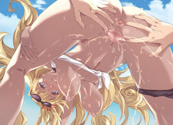 akira_(coffee_curry) anus ass bent_over blonde_hair blue_eyes blush breasts censored commentary commentary_request eyewear_on_head female granblue_fantasy harut_(granblue_fantasy) long_hair panties panties_around_one_leg pussy spread_anus summer sunglasses sunglasses_on_head tan underwear