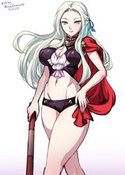 1girls adapted_costume arms artist_name bad_id bad_twitter_id bare_arms bare_legs blonde_hair blue_eyes breasts cape cleavage closed_mouth commentary dated edelgard_von_hresvelg female female_only fire_emblem fire_emblem:_three_houses garreg_mach_monastery_uniform hand_on_hip hip_bones holding holding_weapon lips long_hair looking_at_viewer medium_breasts midriff minacream narrow_waist navel nintendo silver_eyes simple_background solo swimsuit thighs weapon white_background white_hair