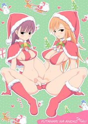 2futas big_breasts christmas futanari hat intersex penis_size_difference santa_hat yasumi