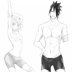 amputated_arm amputee anime anime_hair anime_style areolae black_eyes black_hair boruto:_naruto_next_generations breasts disability disabled disabled_male grayscale human human_female human_male human_only looking_at_viewer naruto naruto_(series) nipples not_colored nude one_arm_amputee sakura_haruno sasuke_uchiha short_hair spiky_hair topless underwear