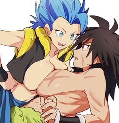 2girls big_breasts black_hair blue_eyes blue_hair breast_press breasts broly brown_eyes brown_hair color cute dragon_ball dragon_ball_super female female_gogeta female_only fusion genderswap_(mtf) gogeta large_breasts light-skinned_female light_skin metamoran_clothing multiple_females multiple_girls no_bra rule_63 saiyan scar scars short_hair smile spiky_hair super_saiyan super_saiyan_blue symmetrical_docking topless uncensored wholesome yuri