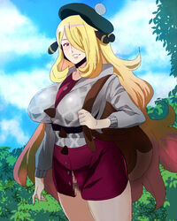 1girls alternate_eye_color backpack bag beret blonde_hair breasts brown_eyes censored clothed cosplay cynthia_(pokemon) eyebrows female female_only game_freak gloria_(pokemon)_(cosplay) hair_over_one_eye half-closed_eyes hat huge_breasts human human_only katosei long_hair nintendo no_panties outdoors outside pokemon pokemon_dppt pokemon_ss shirt skirt sky smile solo standing sweater teeth thick_thighs tree very_long_hair wide_hips