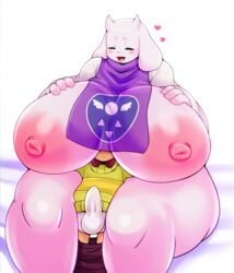 1boy age_difference alternate_breast_size anthro ass balls bed big_ass big_balls big_breasts big_butt big_penis boss_monster breasts brown_hair deltarune female goat green_shirt huge_breasts human hyper hyper_ass hyper_breasts hyper_butt kris_(deltarune) larger_female male male_human/female_anthro male_human/female_monster matospectoru monster penis purple_dress red_eyes short_hair size_difference smaller_male thick_thighs toriel undertale white_background white_fur yellow_skin