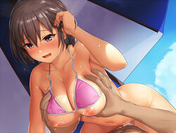 1boy :d beach_umbrella bikini_top blush bottomless breast_grab breasts brown_hair cowgirl_position cum day eyebrows_visible_through_hair female grabbing hair_tucking happy_sex large_breasts navel nipples open_mouth original outdoors pink_bikini_top pink_eyes pov pov_eye_contact sawada_yuusuke sex short_hair smile straddling sweat umbrella