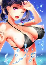 arm_up bangs beach bikini black_bikini black_hair blocking blue_sky blurry blurry_background blush bouncing_breasts breast_slip breasts commentary_request day earrings female hand_up highres jewelry large_breasts looking_at_viewer navel neko_neko_koneko nipples one_breast_out one_eye_closed open_mouth original outdoors ponytail sidelocks sky smile solo sparkle splashing star star_earrings swimsuit upper_body water