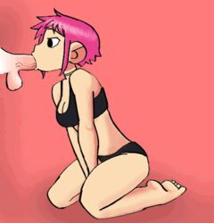 animated artist_request bra cleavage clothing cum cum_in_mouth feet fellatio panties partial_male penis pink_hair ramona_flowers scott_pilgrim sex_with_bra_on swallowing swallowing_cum tagme