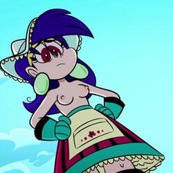 breasts cartoon_network dress earrings edit female female_only gloves hands_on_hips hat looking_at_viewer looking_down mighty_magiswords nipples purple_hair red_eyes topless vambre_warrior yellow_hairband