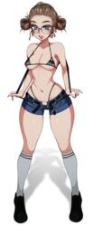 1girls female female_only glass glasses glasses_on_head hair lipstick maidfrills micro_bikini micro_bikini_top mouth_open nipples_visible_through_clothing shoes shorts socks solo tagme tan_hair teenager thick_thighs thighs tongue unbuttoned