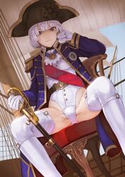 1girls belt buttons female female_only gloves kaoming leotard looking_at_viewer medals naval_uniform presenting_crotch sails sash scabbard sheathed_weapon ship sitting_on_chair solo spread_legs straps sword thighhighs weapon white_gloves white_hair