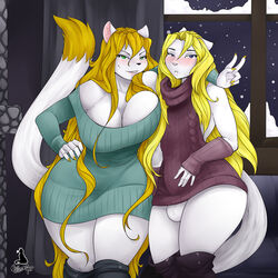 anthro balls blush breasts bulge clothed clothing crossdressing curvaceous duo erection erection_under_clothes felid feline female girly looking_at_viewer male mammal natysanime smile standing v_sign wide_hips